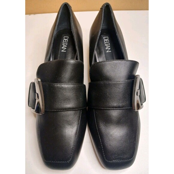 Deltan Sz 7 Veronica Black Leather Metal Buckle Flared Block Heel Pumps - Picture 2 of 16